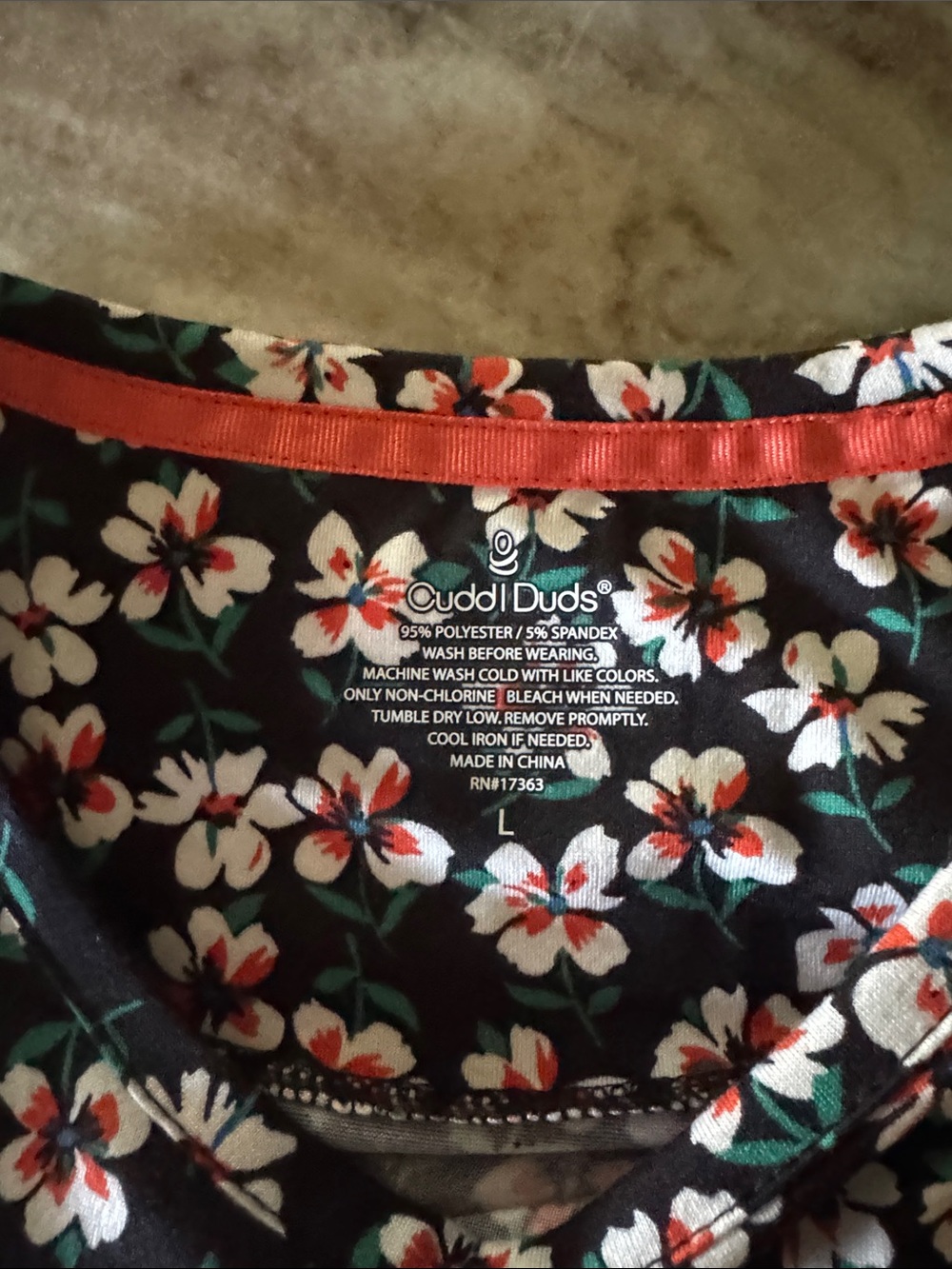 Cuddl Duds Black Floral Pajama Top with Coral Trim - Picture 2 of 5